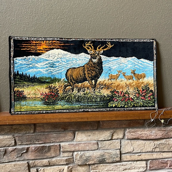Other - Vintage Deer Elk Stag Mountain Scene Velvet Tapestry Cabin Decor